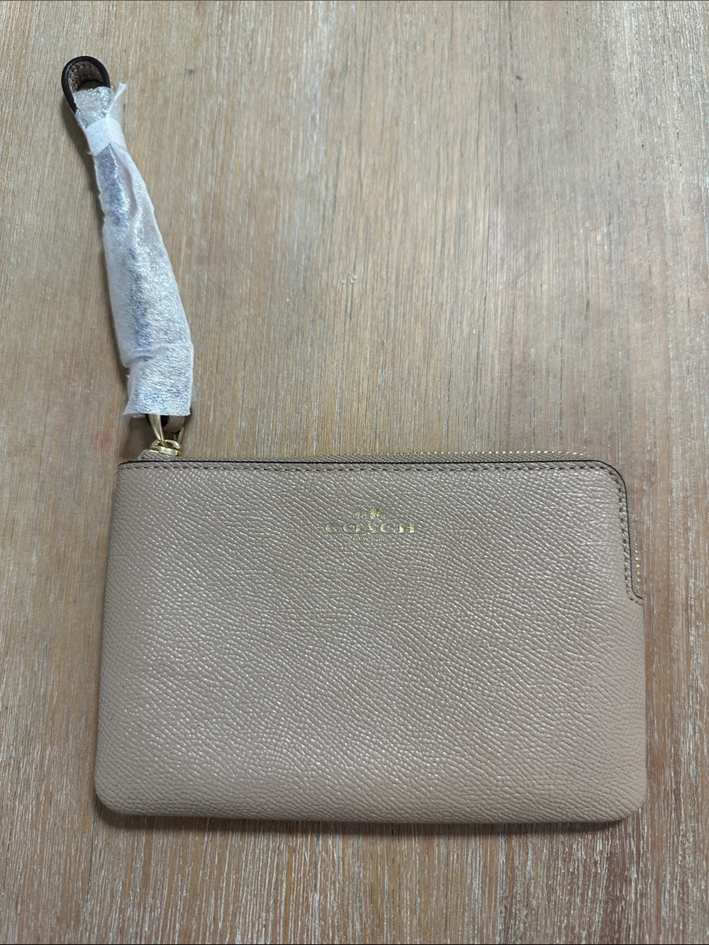 Coach Pebbled Leather Wristlet in Taupe Beige with Gold Logo